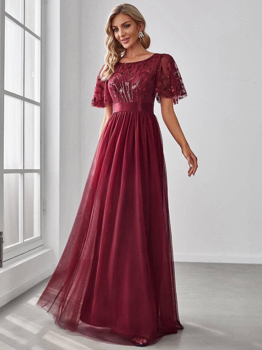 Ever-Pretty - Sequin Print Maxi Long Evening Dresses with Cap Sleeve: Dusty Navy / 16
