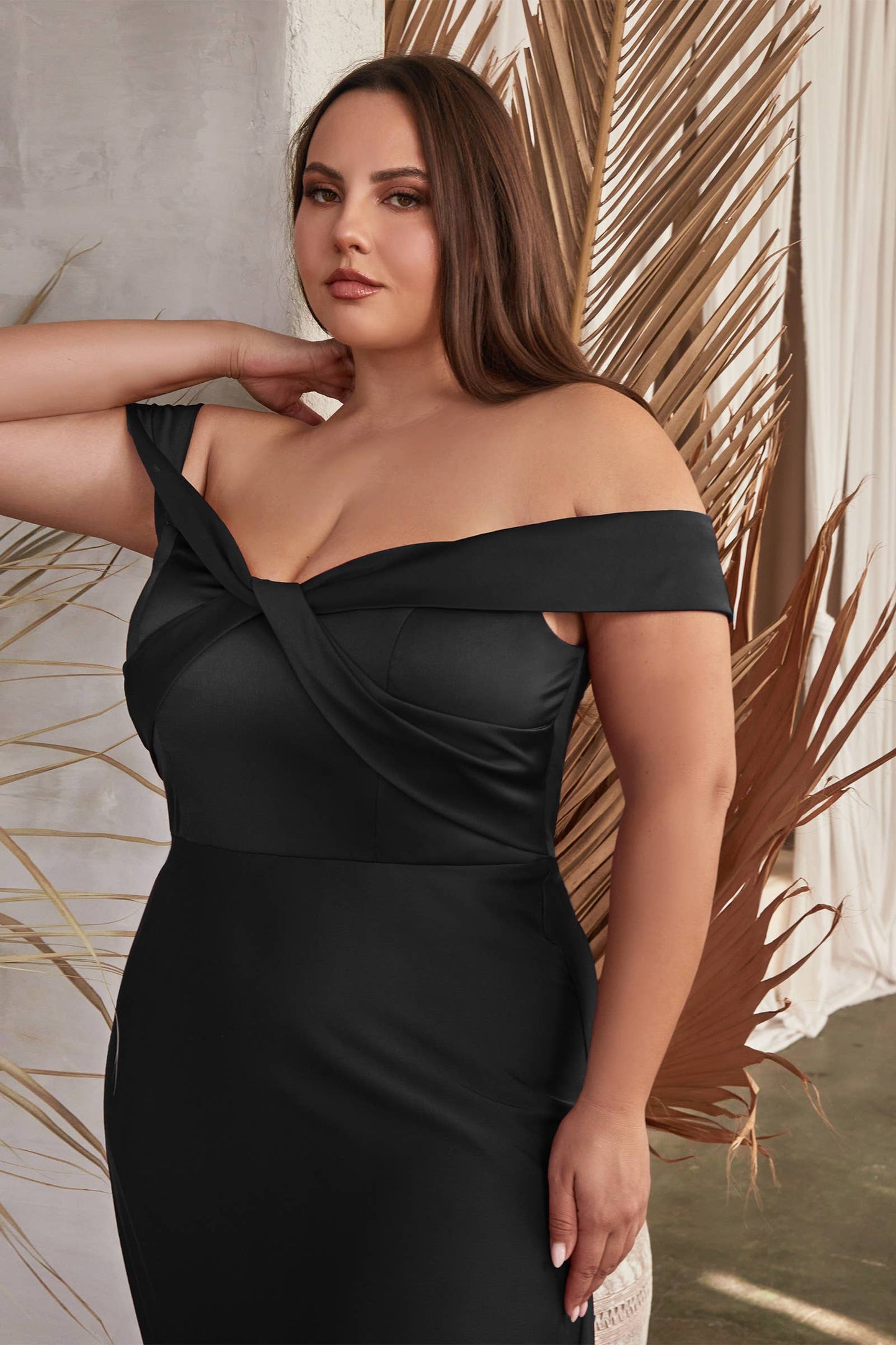 Ladivine by Cinderella Divine - SATIN OFF THE SHOULDER GOWN: EMERALD / 24