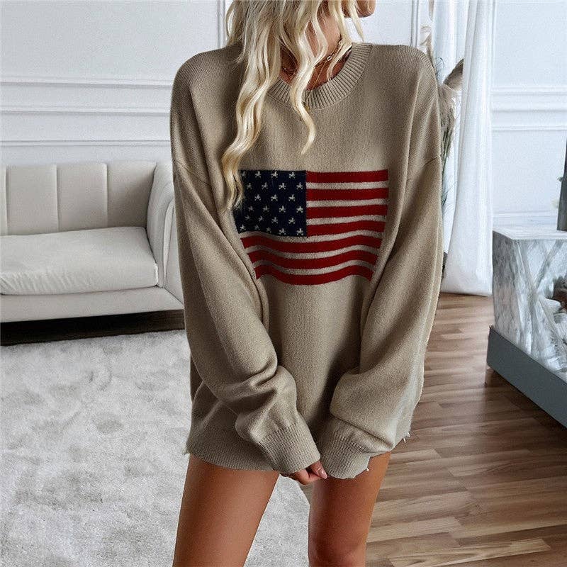 UZ Wholesale Store - Loose Fit Color Block Casual Pullover Sweater: Apricot / XL