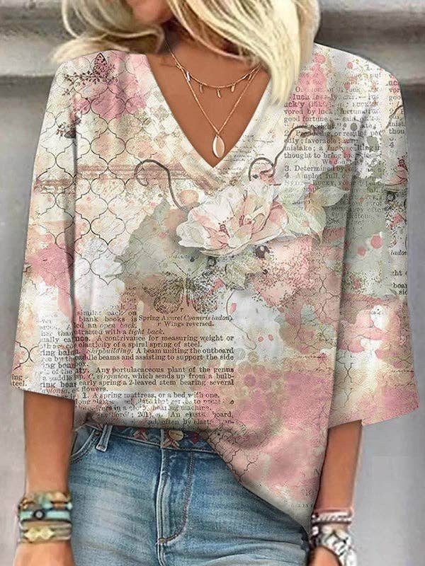 UZ Wholesale Store - Loose Plus Size Flower Print Letter Print V-Neck T-Shirts Tops: PINK / 3XL