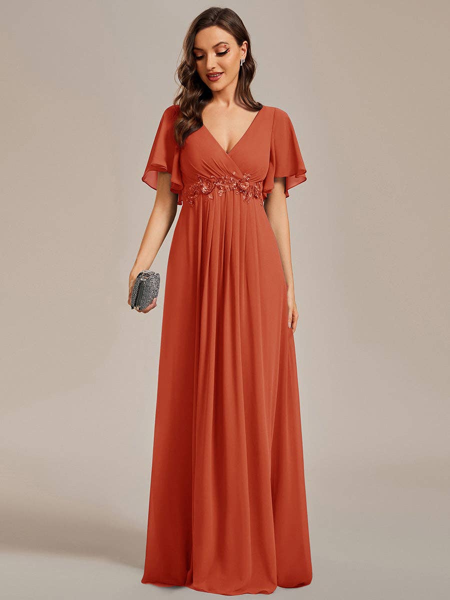 Ever-Pretty - V Neck Appliques Pleated Bridesmaid Dress: Burgundy / 12