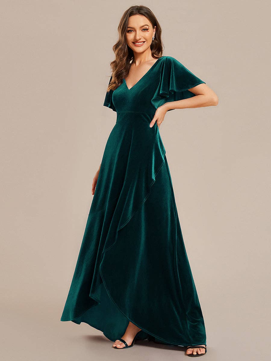 Ever-Pretty - High-low V Neck Evening Dress with Short Sleeves: Dark Purple
