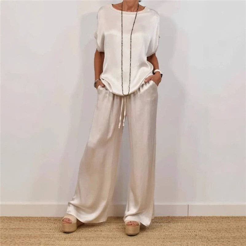 UZ Wholesale Store - Casual Pure Color Loose Tee Wide Leg Pants Set: BLACK / L