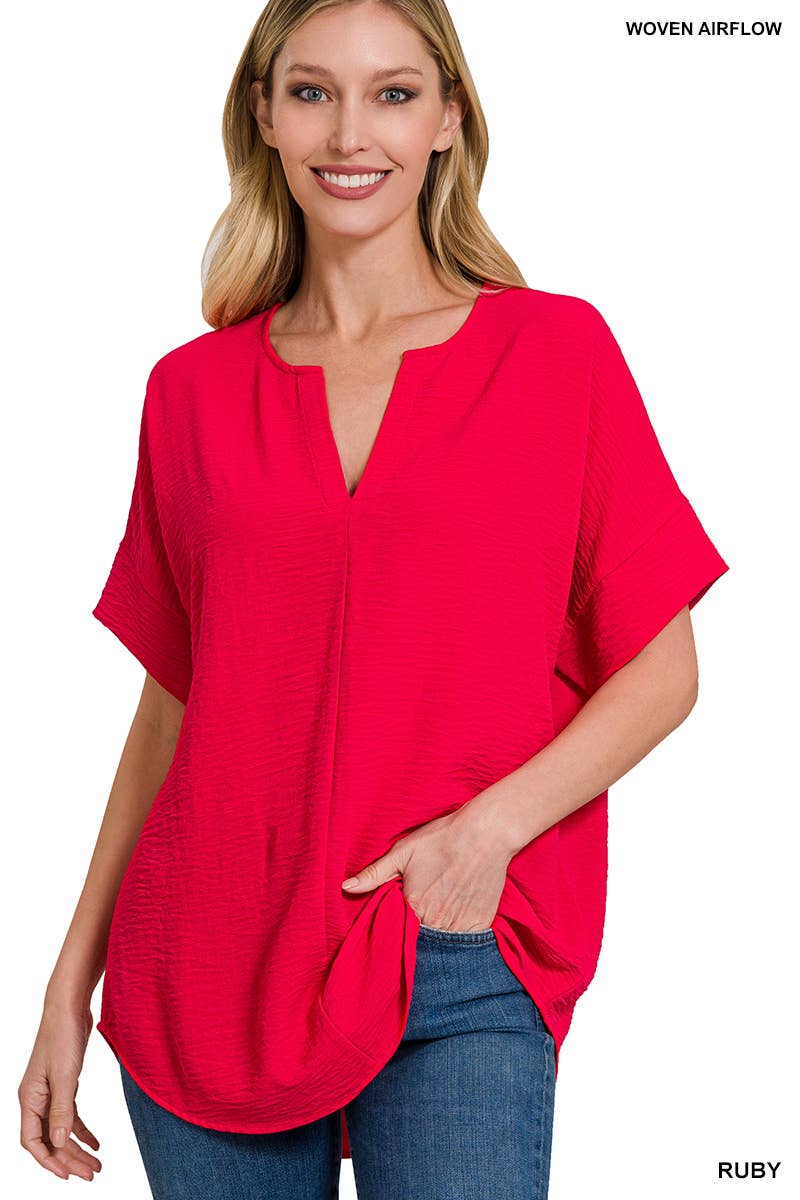 42POPS -Woven Airflow Split Neck Short Sleeve Top in Mint