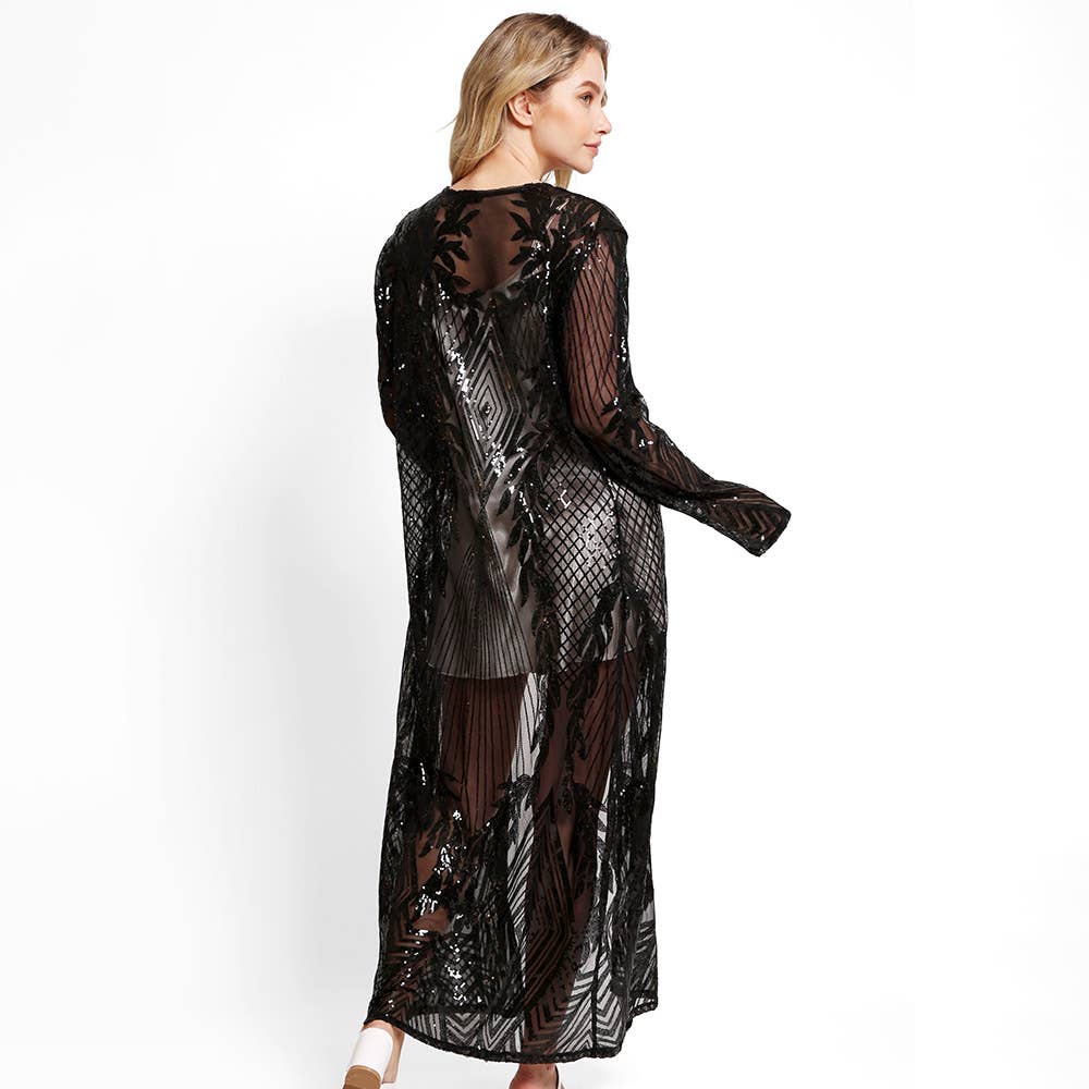 Sensibling Corp. - Leaves Pattern Sequin Long Cover-Up Kimono Poncho: Rose Gold