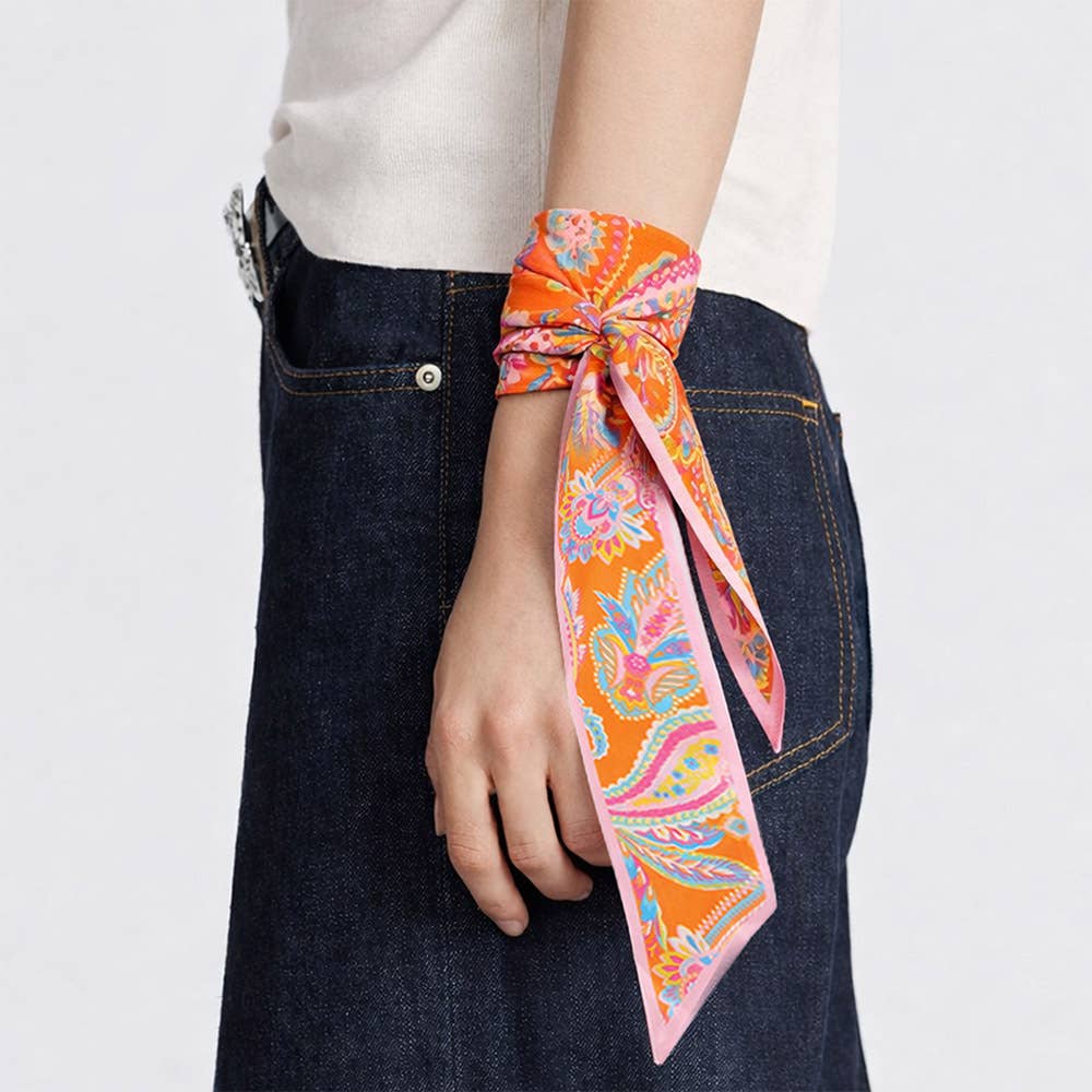 Sensibling Corp. - Botanical Stripe Paisley Print Silk Feel Twilly Skinny Scarf: Yellow