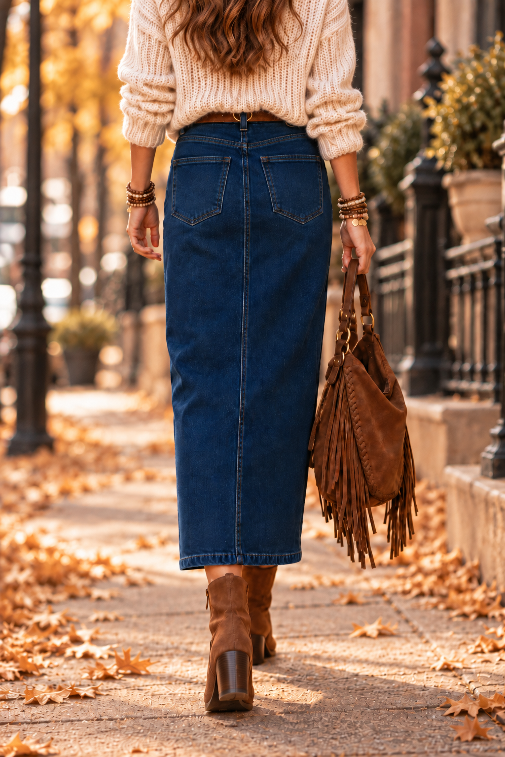 LaughTail Tees - High-Waisted Modest Straight Denim Maxi Skirt: Navy / L/40