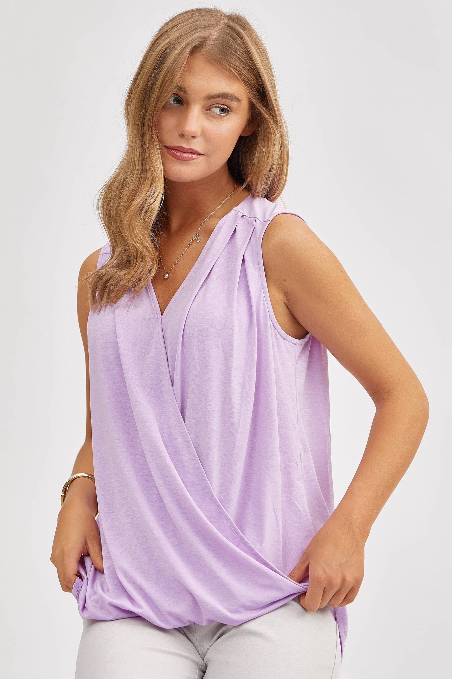 Dear Scarlett - Surplice V Neck Solid Sleeveless Tank Top: BLACK / L