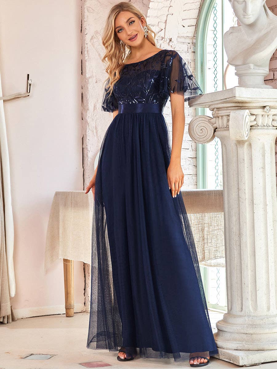 Ever-Pretty - Sequin Print Maxi Long Evening Dresses with Cap Sleeve: Dusty Navy / 16