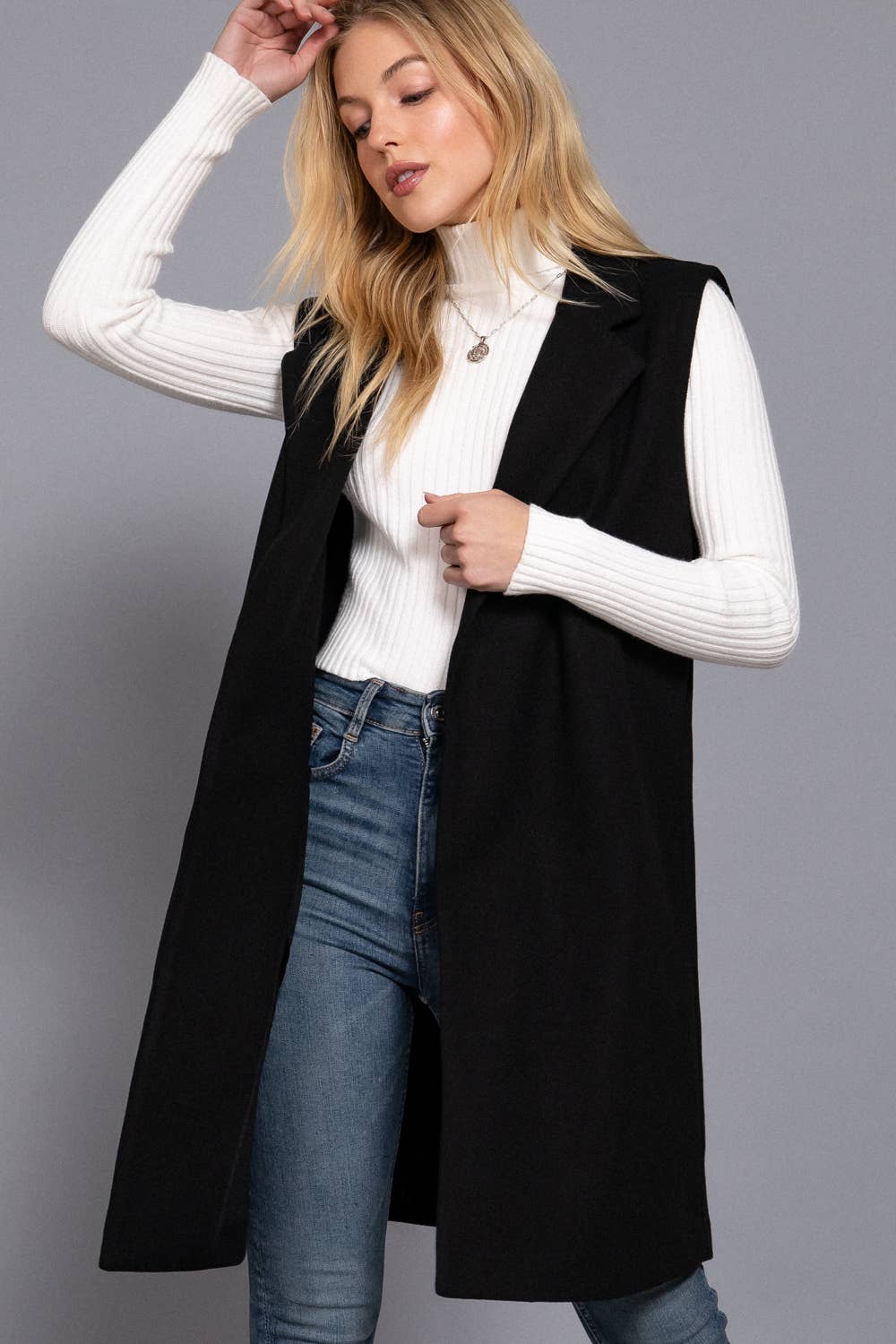 42POPS - ..._ 0709 Sleeveless Notched Collar Soft Open Vest SI-26592: BLK-black-170695 / L