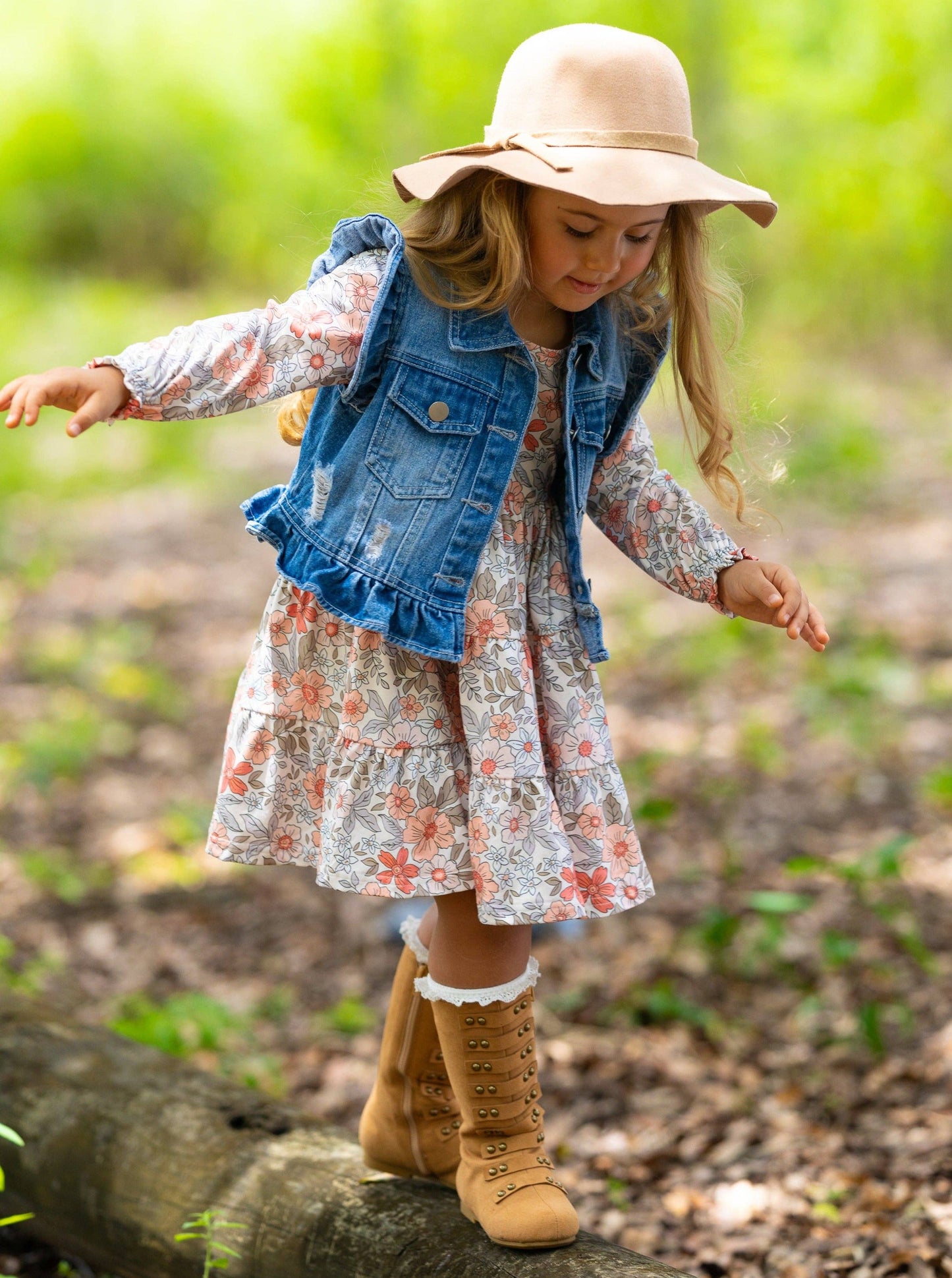 Mia Belle Girls • Wholesale - Long Sleeve Floral Dress w/ Ruffle Denim Vest & Set: Multicolor / 8Y