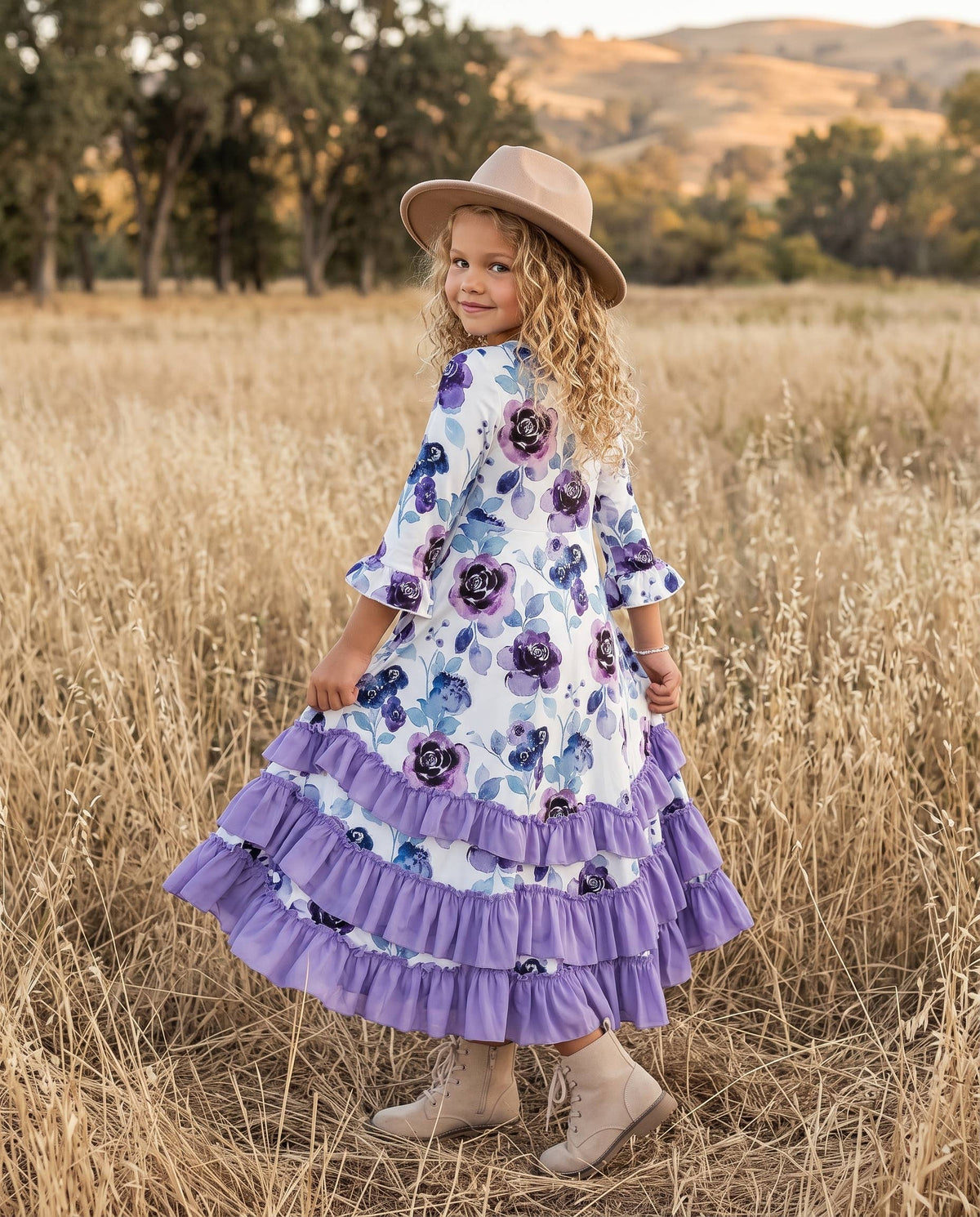 Oopsie Daisy - Girls Lavender Winter Floral Long Sleeve Ruffles Dress: 7/8