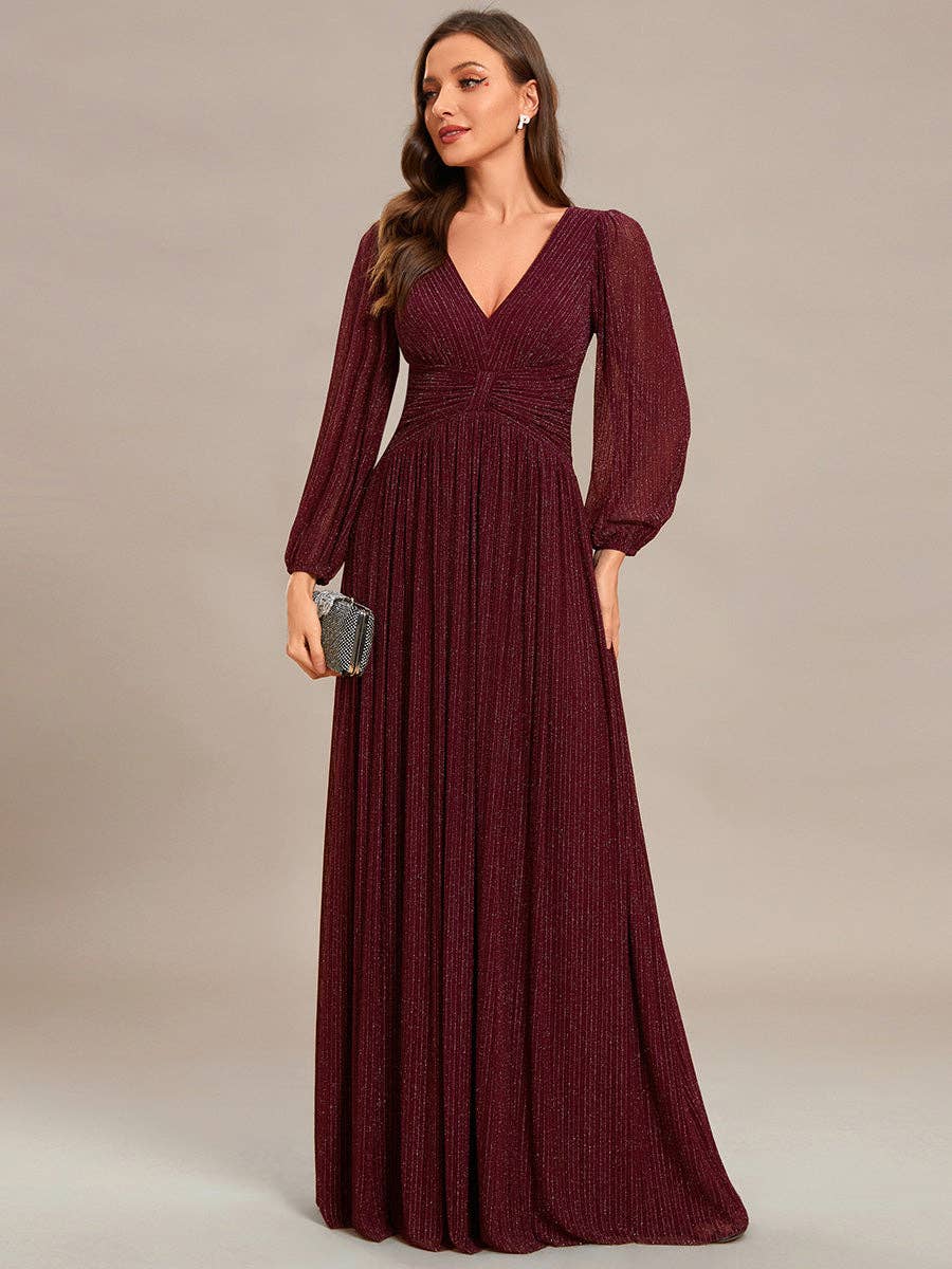 Ever-Pretty - Maxi Long Chiffon Waist V Neck Long Sleeves Evening Dress: Burgundy / 14