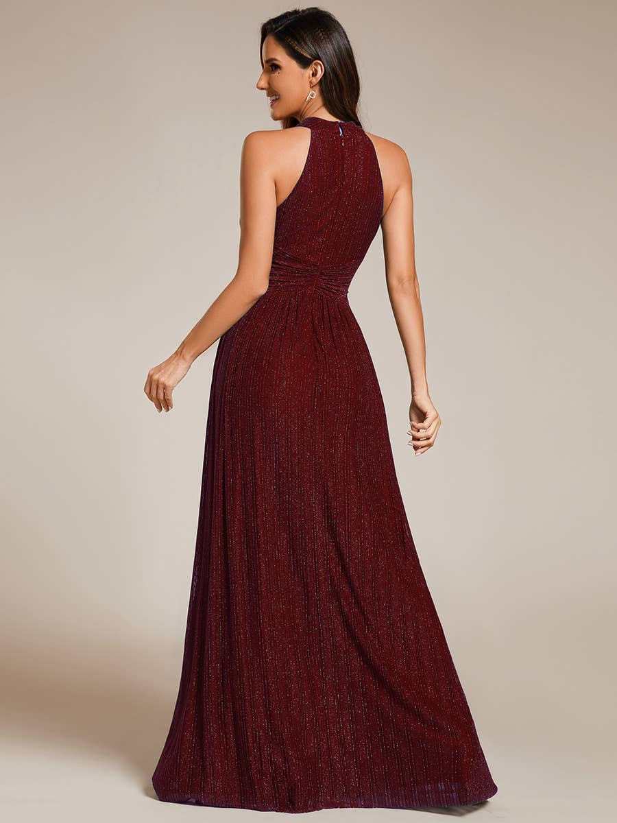 Ever-Pretty - Glittery Halter Neck Pleated Formal Evening Dress: Dark Green / 12