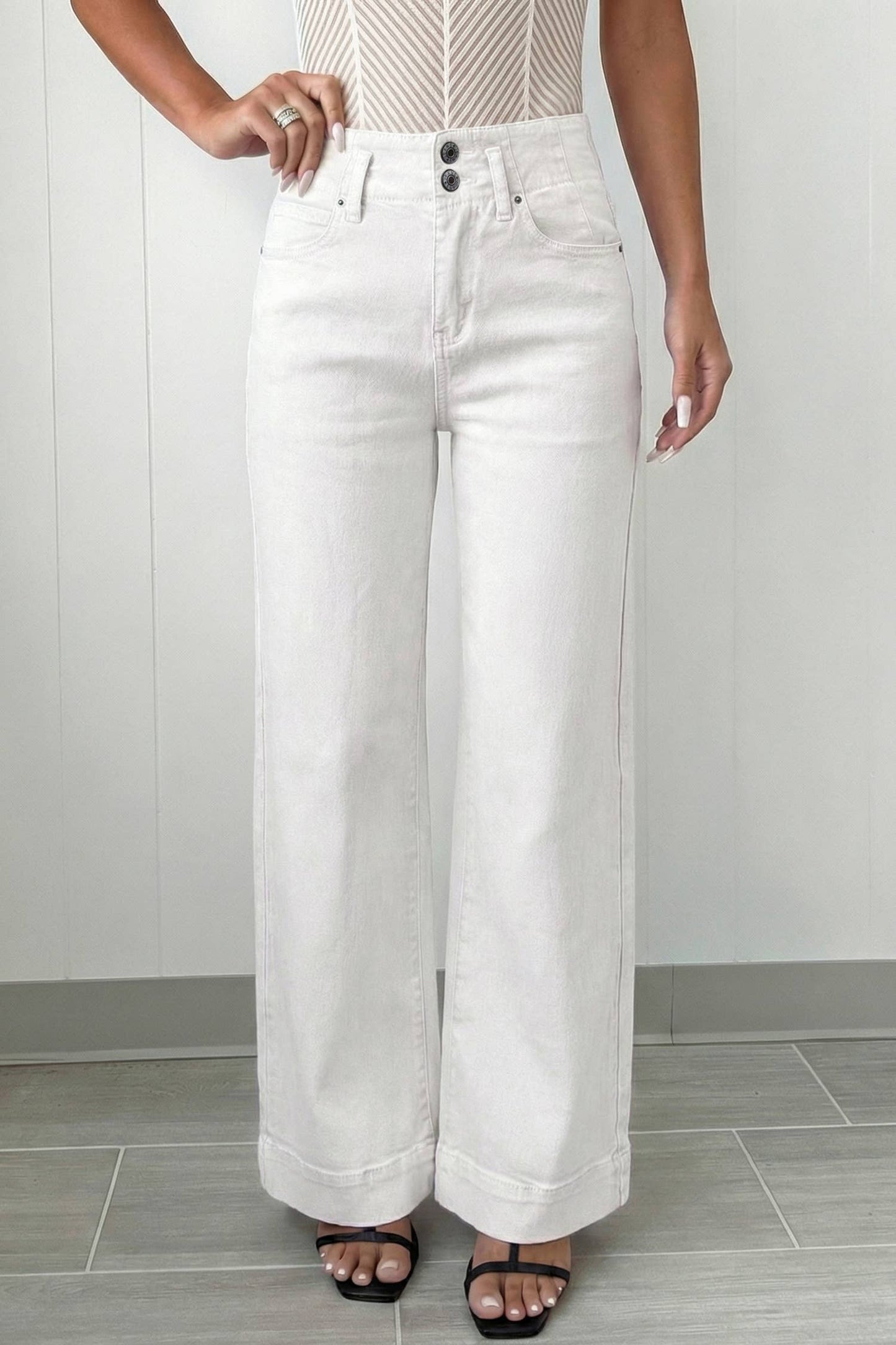 66DISCO - 66 Love 2-Button High Waist Flared Bottom Jeans: White / Missy Fit
