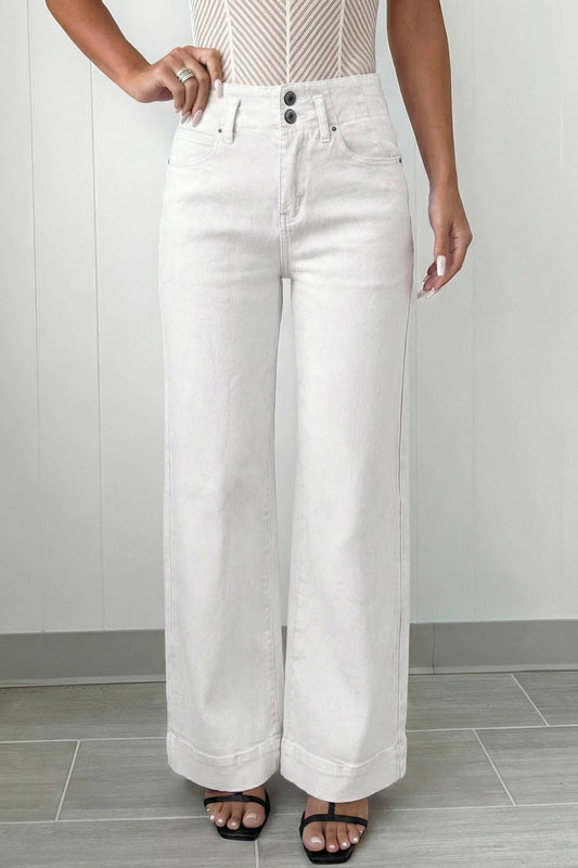 66DISCO - 66 Love 2-Button High Waist Flared Bottom Jeans: White / Missy Fit