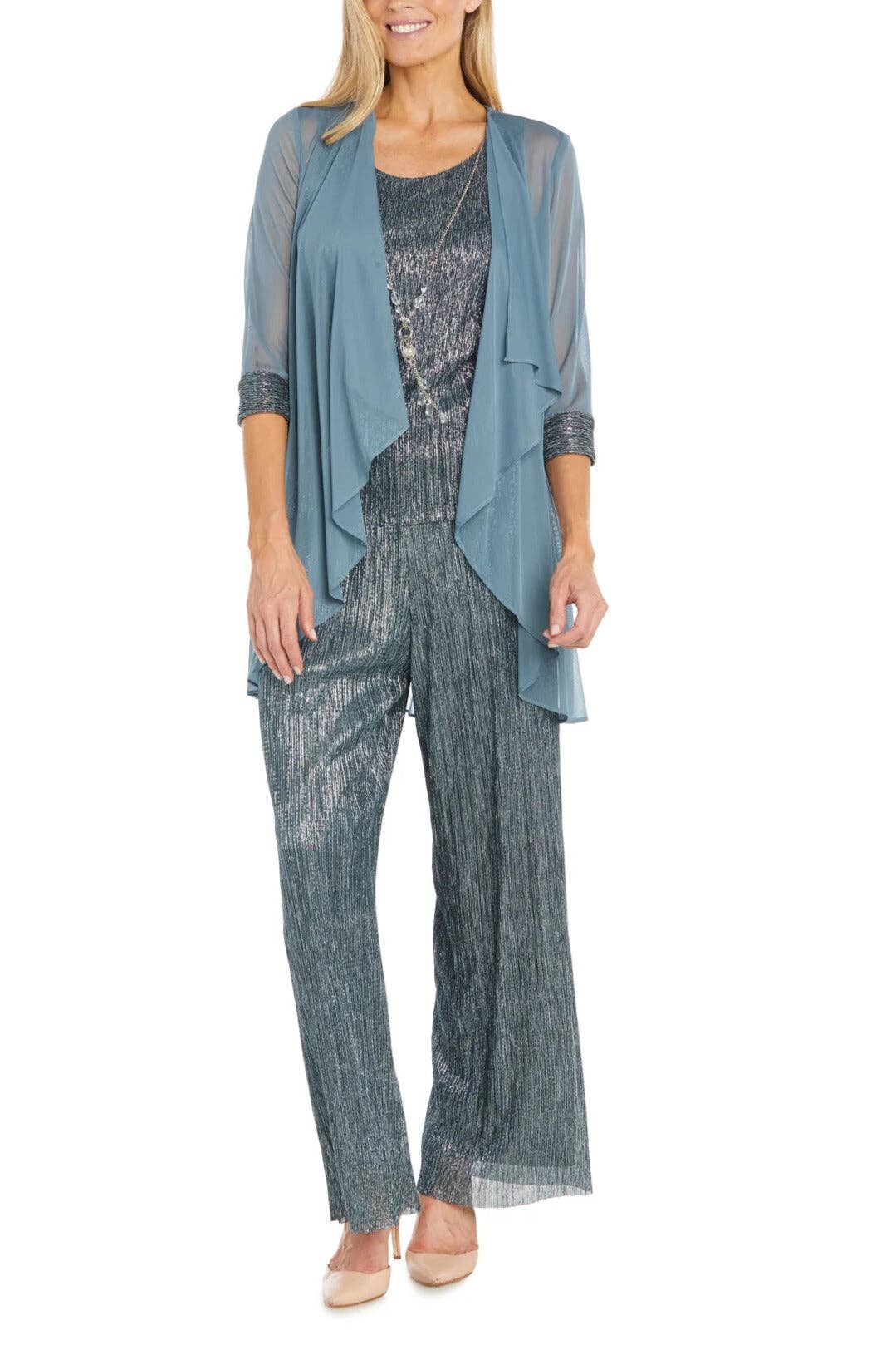 Immediate Apparel - R&M Richards Three Piece Crinkle Pantsuit Mesh Chiffon Jacket Relaxed-Fit Trousers with Necklace: SPRUCE / 14