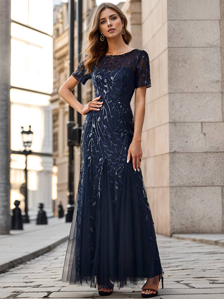 Ever-Pretty - Sequin Shiny Fishtail Tulle Dresses for Party: Dusty Navy / 14