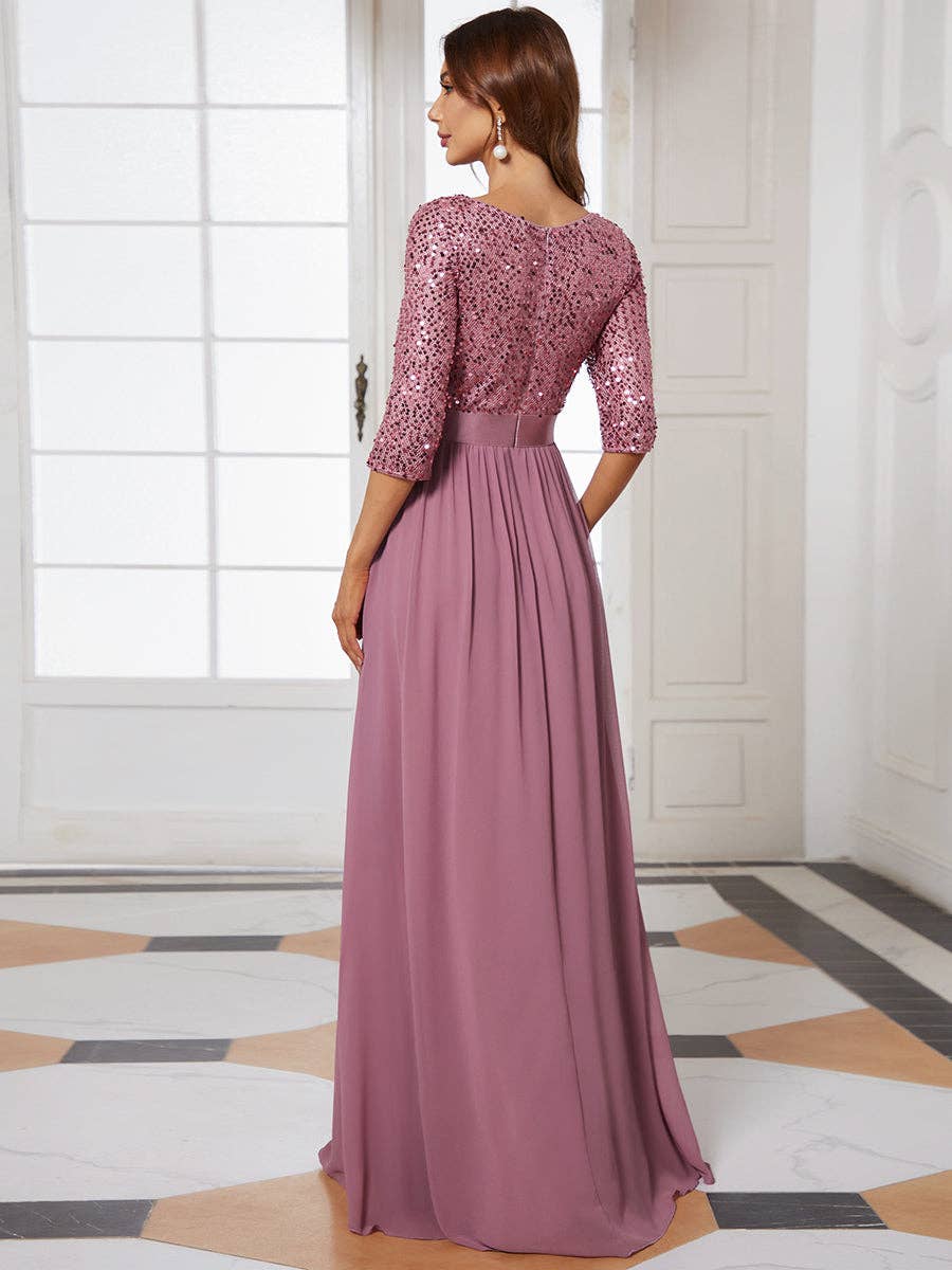 Ever-Pretty - Elegant Round Neckline Sequins Patchwork Dress: Navy Blue / 16