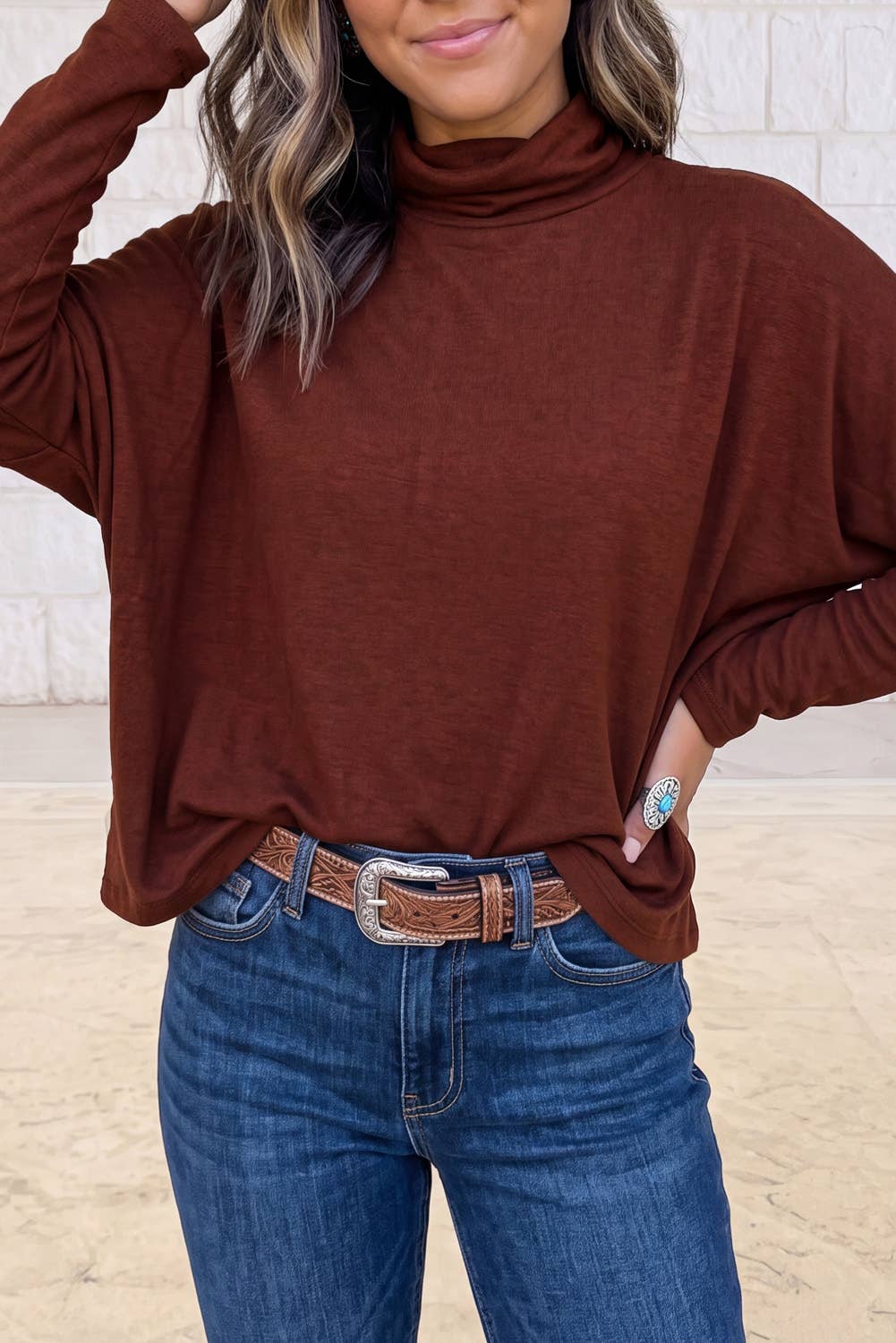 1 the Woman - Oversized Mock Neck Long Sleeve Layering Basic Blouse: Smoke Gray / S
