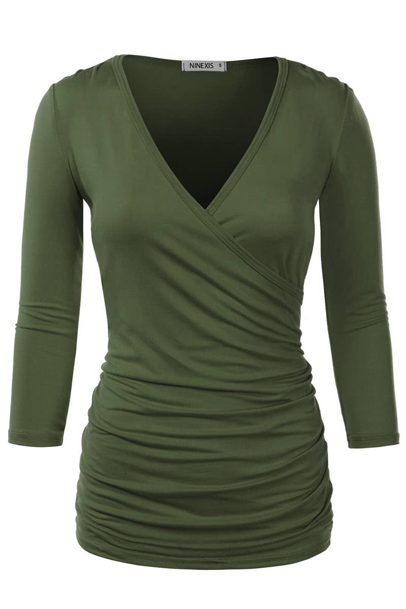 NINEXIS - CWTTL1403_3/4 Sleeve Tank Tops Deep V-Neck Surplice Wrap: NAVY / (S) 1