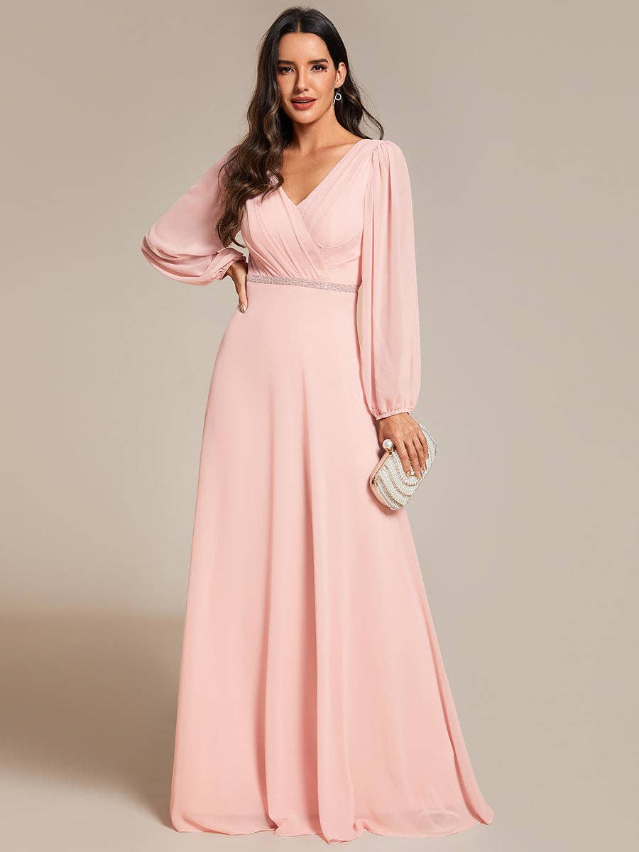 Ever-Pretty - Elegant waisted chiffon V-neck Long Sleeve guest Dress: Burgundy / 12