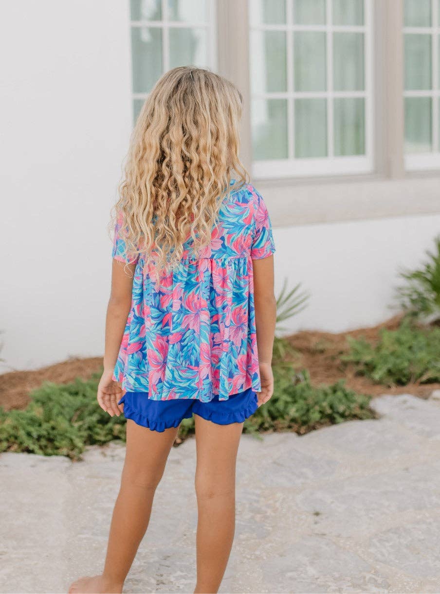 Oopsie Daisy - Kids Tropical Floral Pocket Ruffle Spring Summer Short Set: 7/8