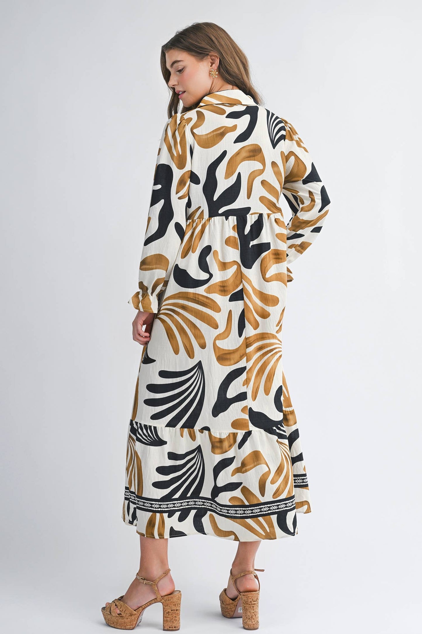 Aapparella - Abstract Long Sleeve Ruffle Hem Maxi Dress | S-XL