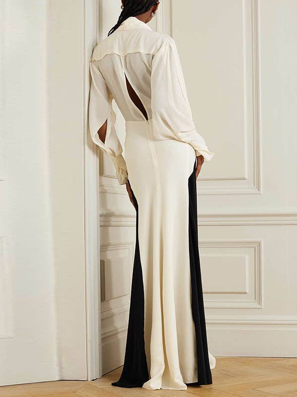 FurDecoration - Long Sleeve Loose V-Neck Maxi Dress with Contrast Color: BLACK WHITE / S