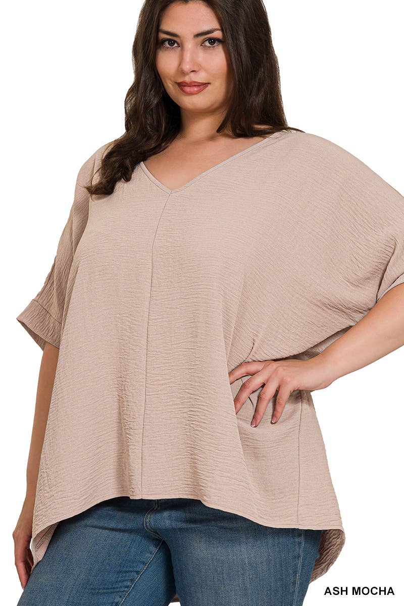 42POPS - PLUS SIZE WOVEN AIRFLOW V-NECK DOLMAN SHORT SLEEVE TOP: BLACK-152213 / 1X
