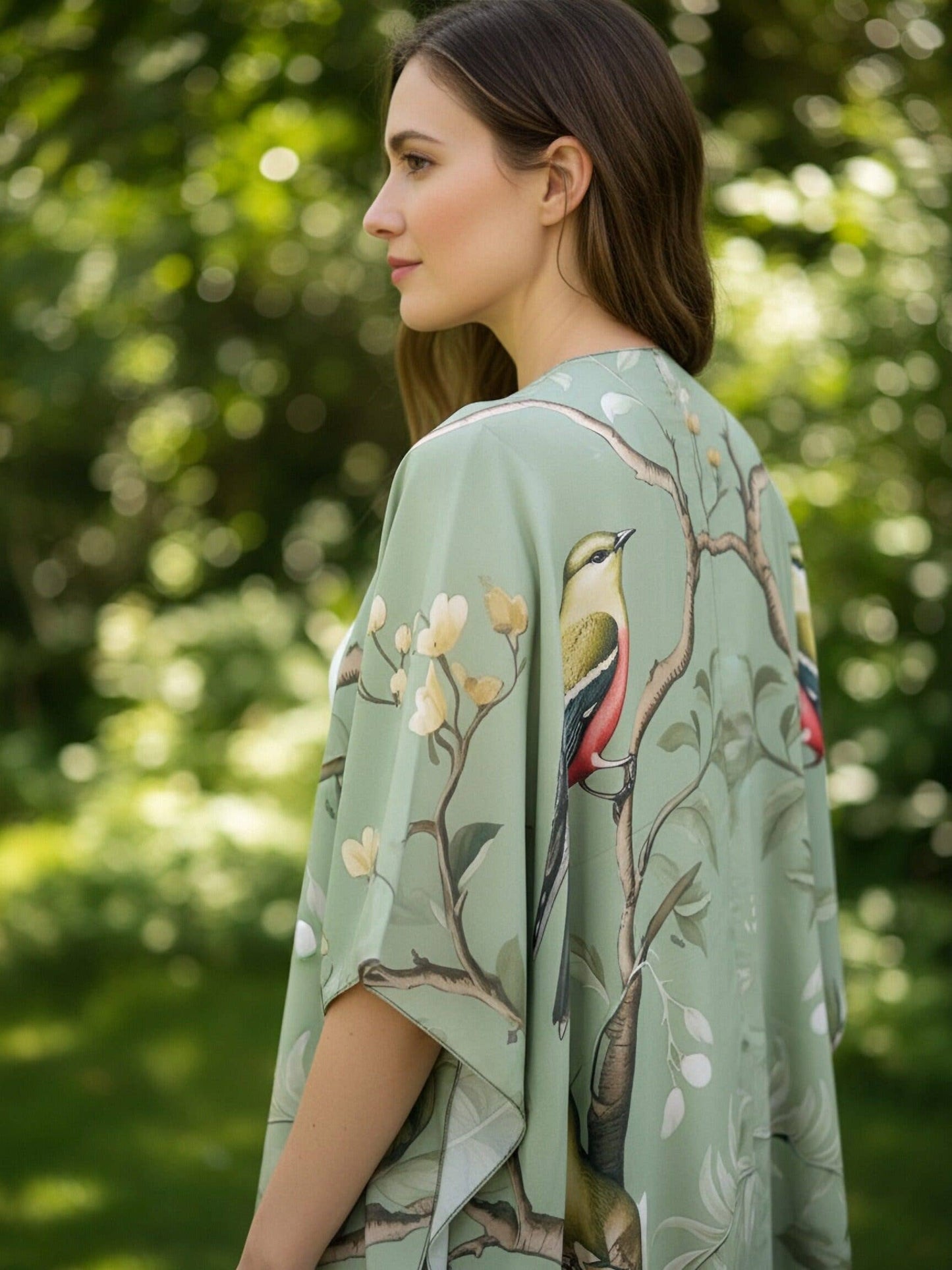 JC Sunny Fashion - JC091729 Green-Multi Spring Garden Blooms & Birds Kimono/Cover-Up