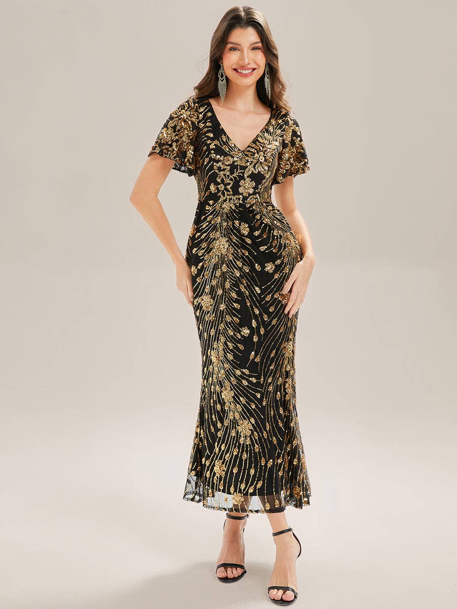 Ever-Pretty - Strapless Deep Fishtail Paillette Midi Evening Dresses: Sapphire Blue / 22