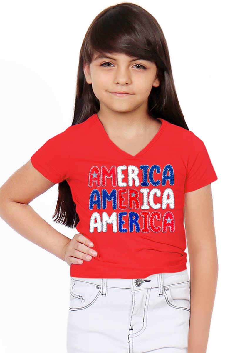 Cutie Patootie Clothing - GKT-16811B-588 Girl's V-Neck 'America' Graphic Tee