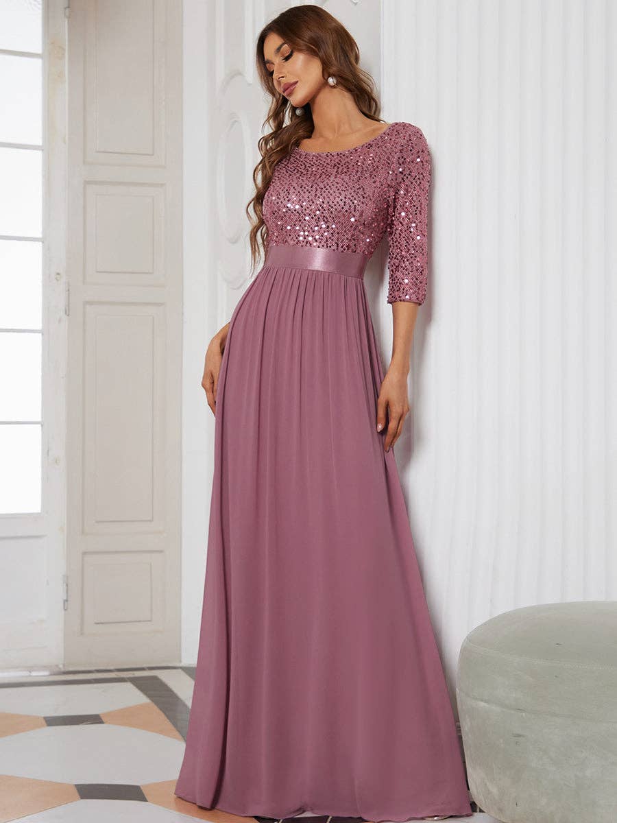 Ever-Pretty - Elegant Round Neckline Sequins Patchwork Dress: Navy Blue / 16