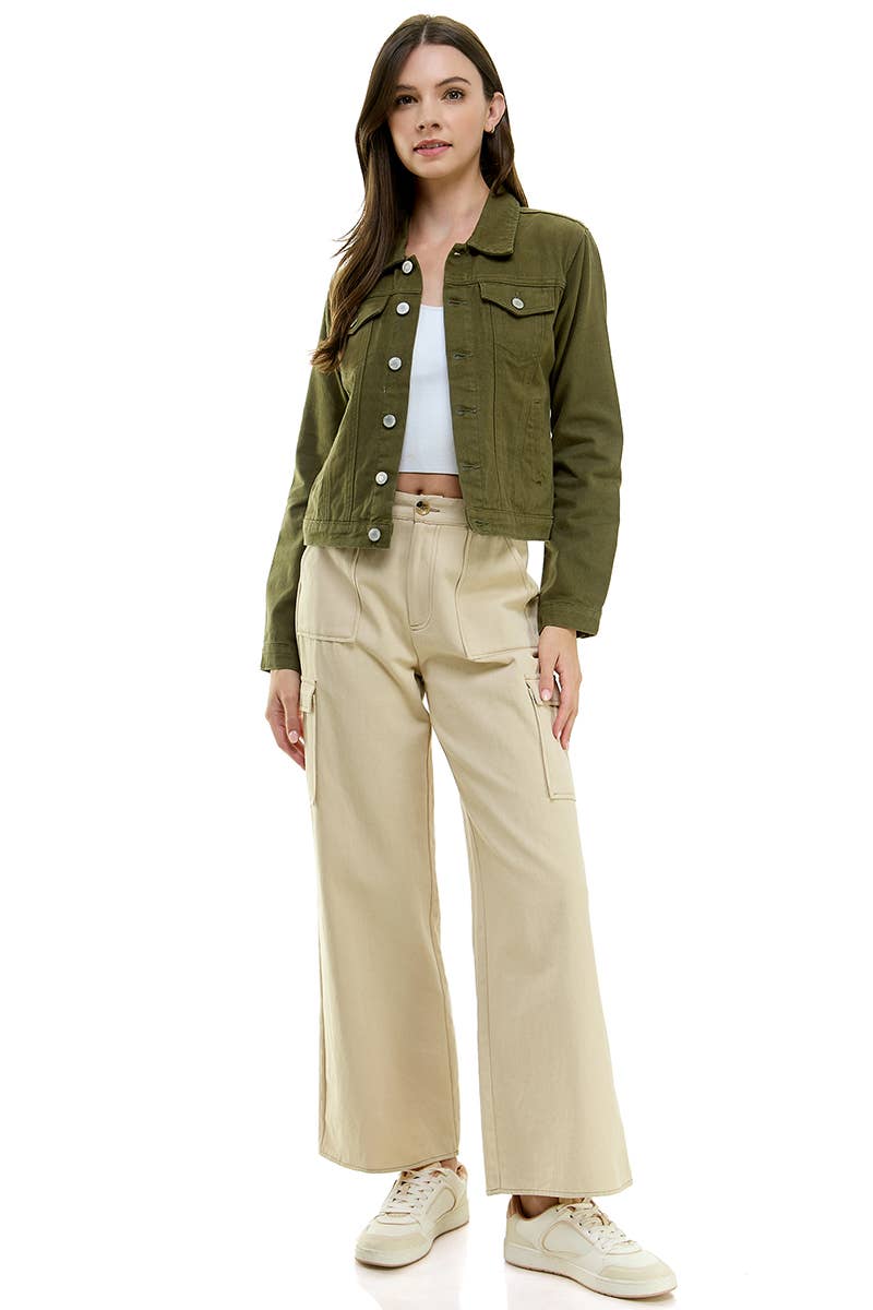 BLUE AGE - LADY’S CASUAL COTTON DENIM JEAN JACKET: Olive 100% COTTON