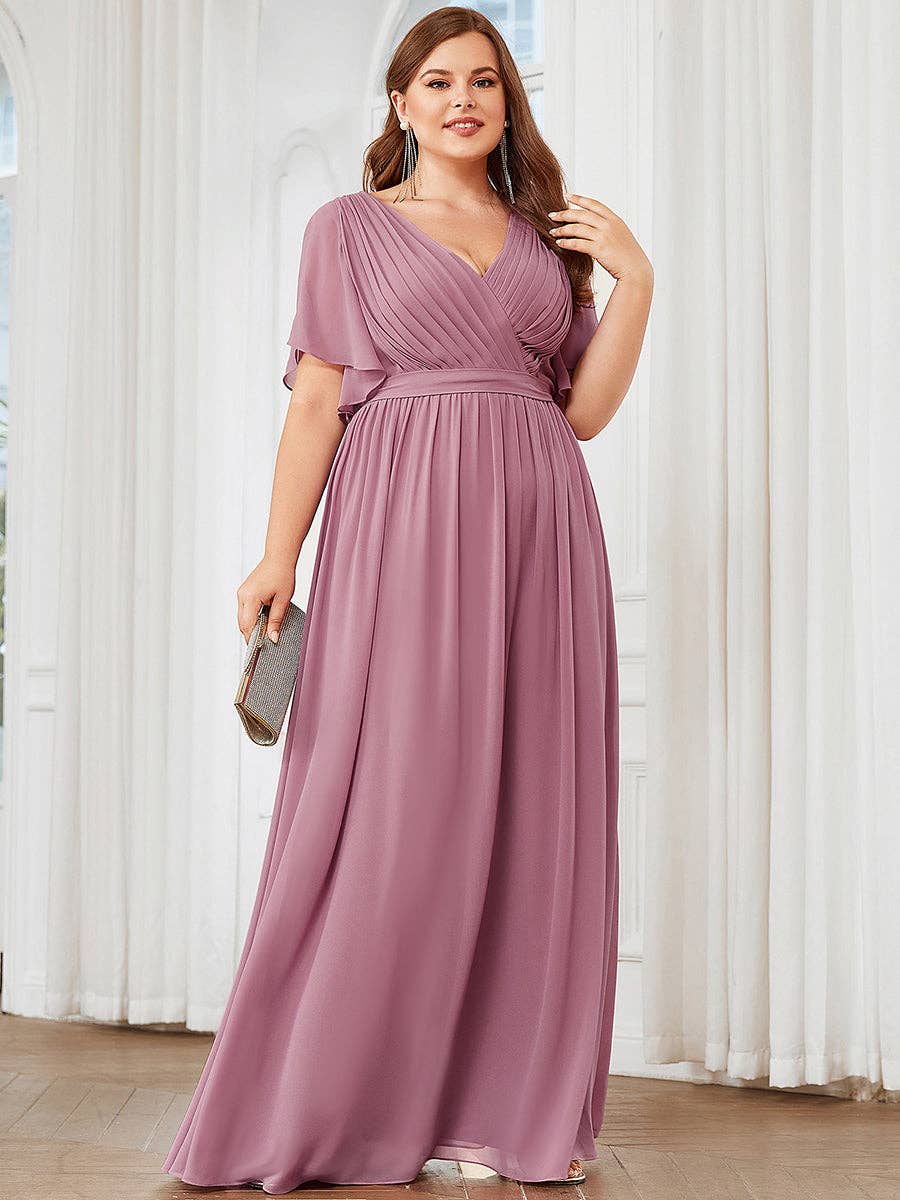Ever-Pretty - Plus Size Belted Chiffon Bridesmaid Dress: Dark Green / 24