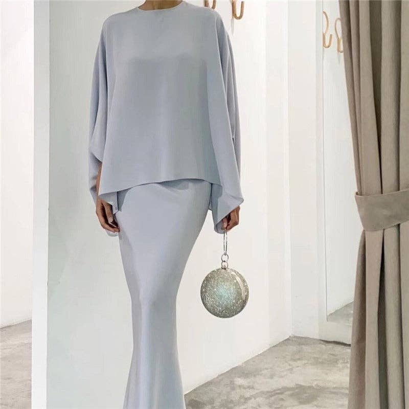 UZ Wholesale Store - Solid Color Pearl Embellished Floor-Length Dress Ensemble: LIGHT BLUE / XL