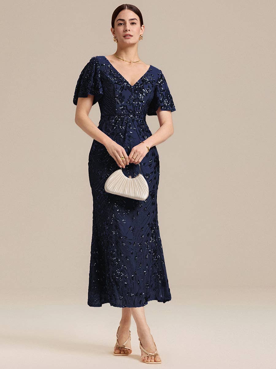 Ever-Pretty - Strapless Deep Fishtail Paillette Midi Evening Dresses: Sapphire Blue / 22