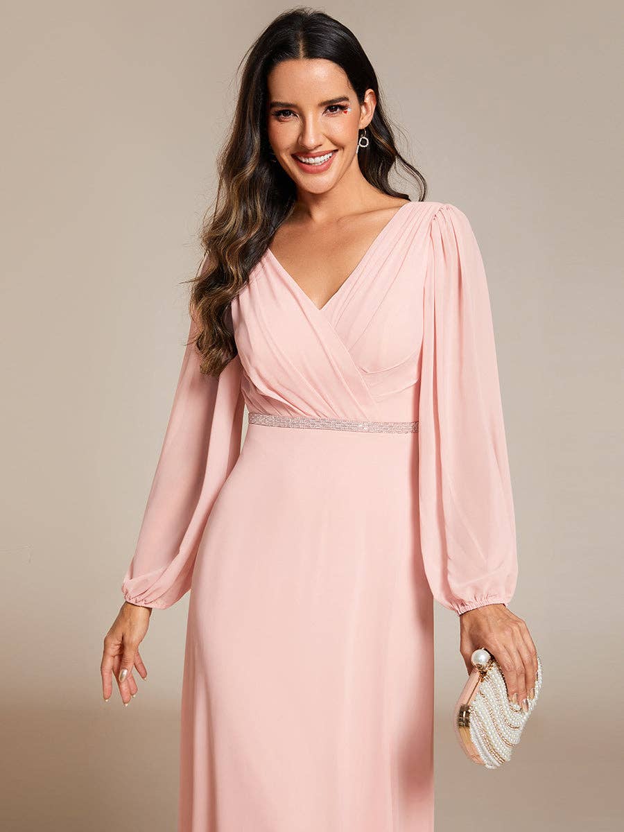 Ever-Pretty - Elegant waisted chiffon V-neck Long Sleeve guest Dress: Burgundy / 12