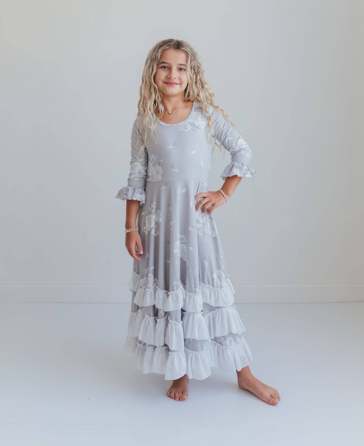 Oopsie Daisy - Girls Winter Rose Floral Long Sleeve Ruffles Dress: 3/4