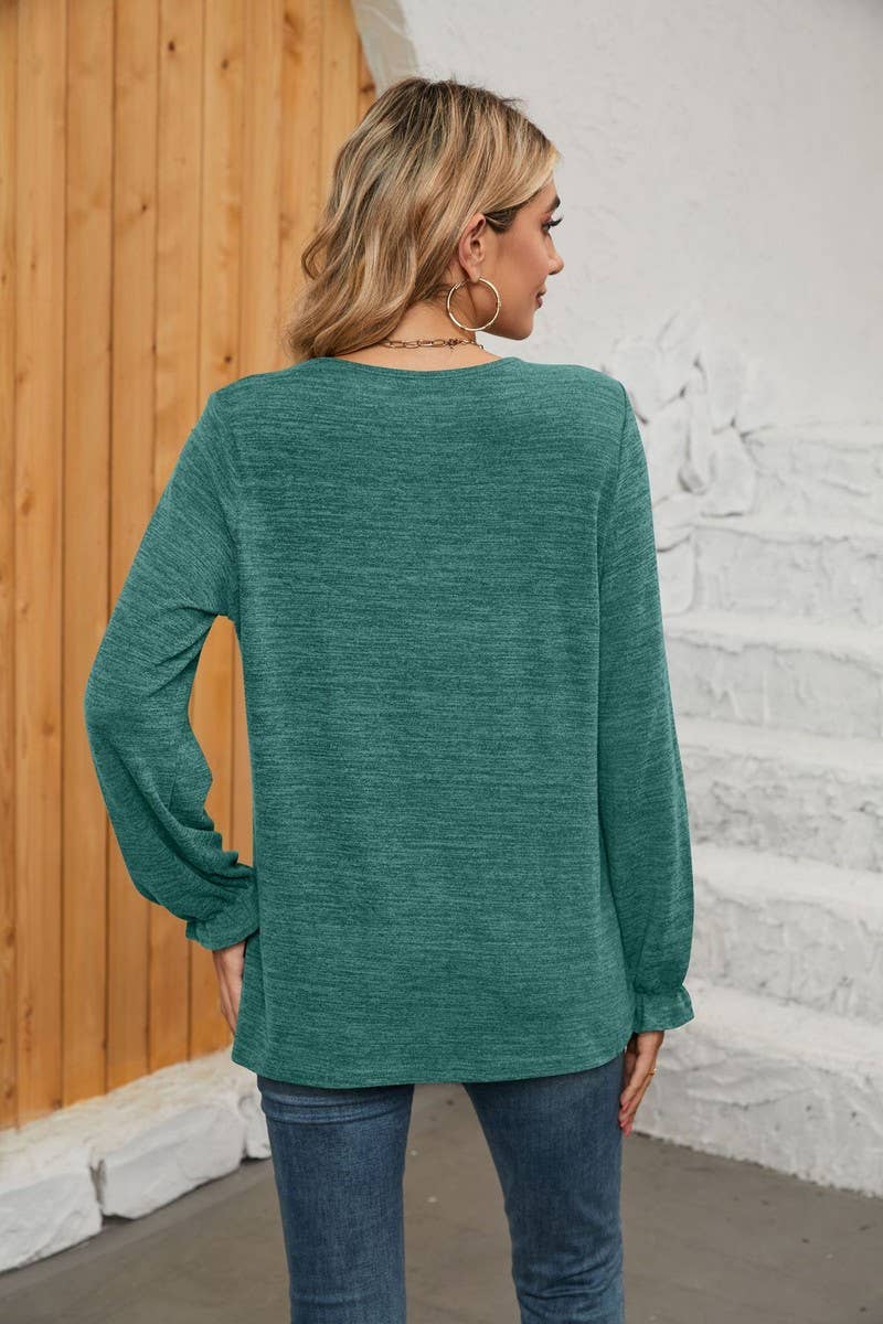 NINEXIS - CWTBLL1048_SOLID COLOR LONG SLEEVE ROUND NECK CASUAL TOP: Green / (M) 1