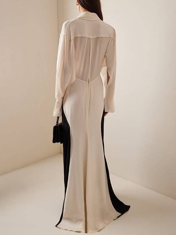FurDecoration - Long Sleeve Loose V-Neck Maxi Dress with Contrast Color: BLACK WHITE / S