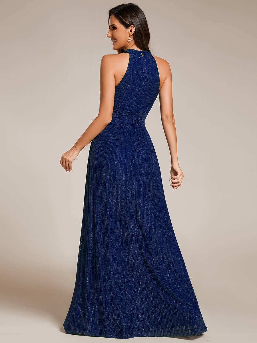 Ever-Pretty - Glittery Halter Neck Pleated Formal Evening Dress: Dark Green / 12