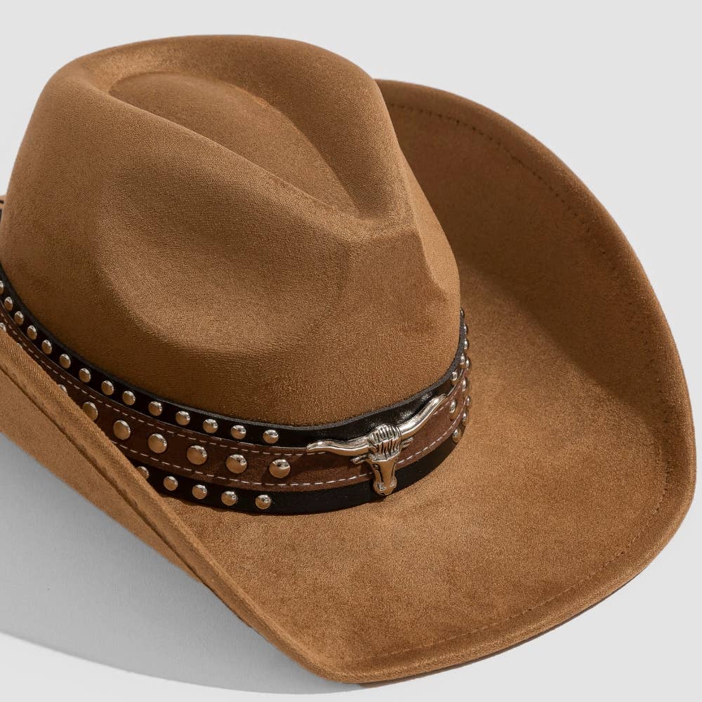 Collections by Fame Accessories - Layered Western Bull Head Strap Cowboy Hat: DBR