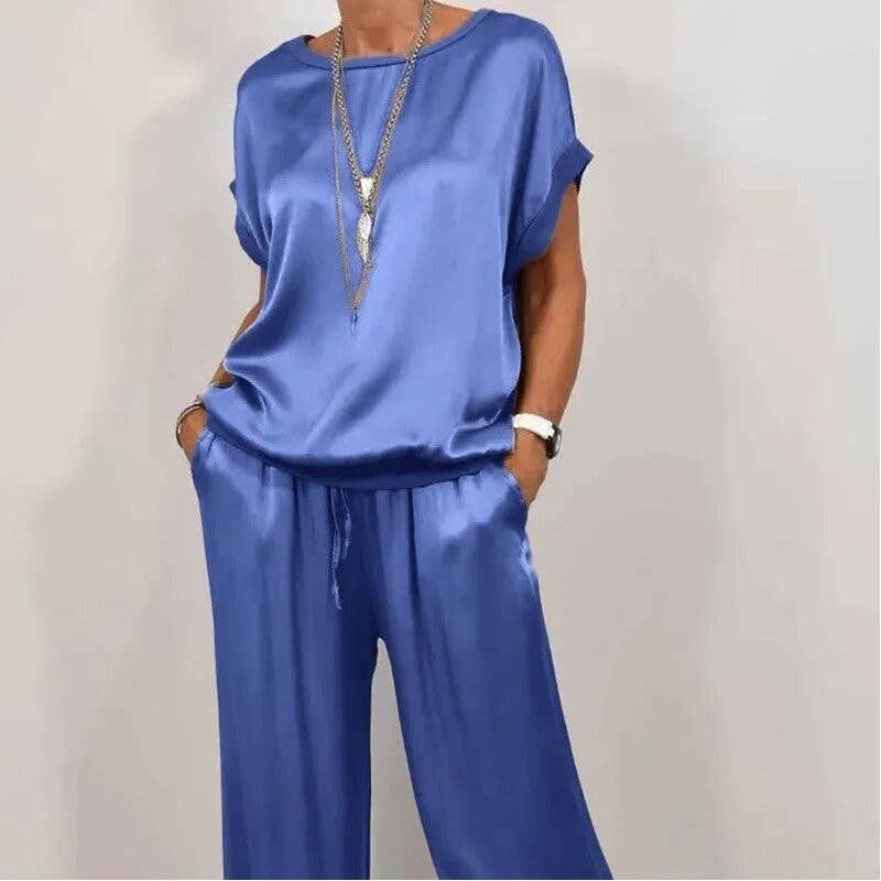 UZ Wholesale Store - Casual Pure Color Loose Tee Wide Leg Pants Set: BLACK / 2XL