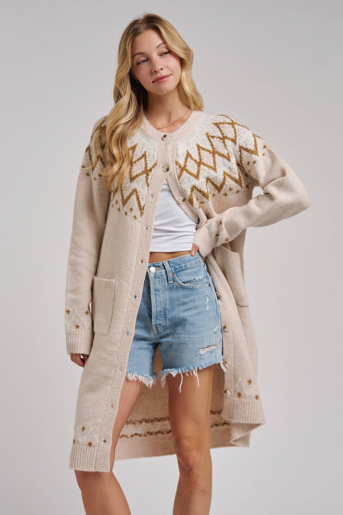 BON - NORDIC FAIR ISLE SWEATER LONG CARDIGAN IN OATMEAL