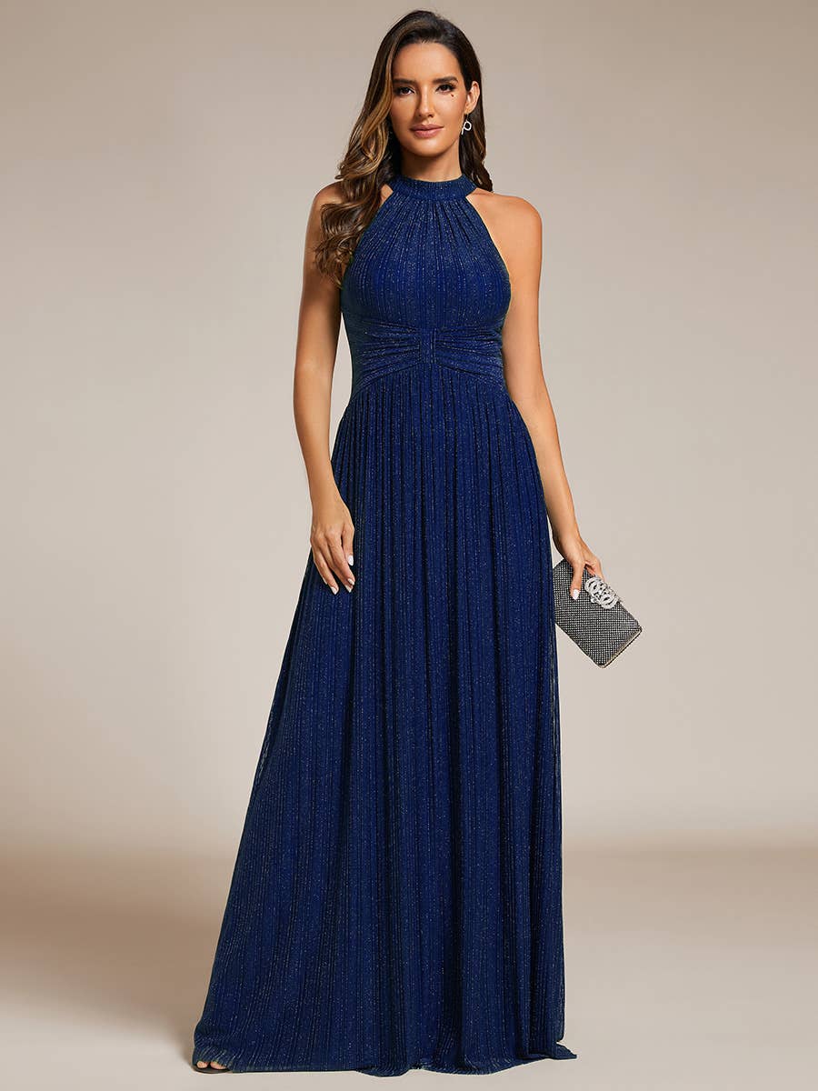 Ever-Pretty - Glittery Halter Neck Pleated Formal Evening Dress: Dark Green / 12
