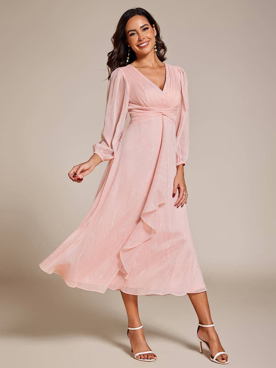 Ever-Pretty - Shiny Chiffon Wedding Guest Dress with Long Sleeve: 4-26 Special Order