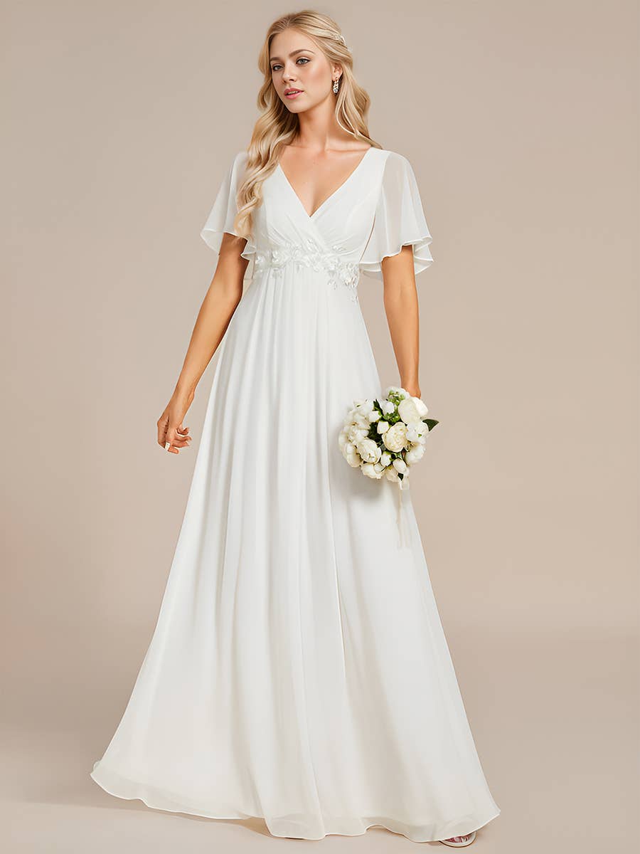 Ever-Pretty - V Neck Appliques Pleated Bridesmaid Dress: Dark Green / 24