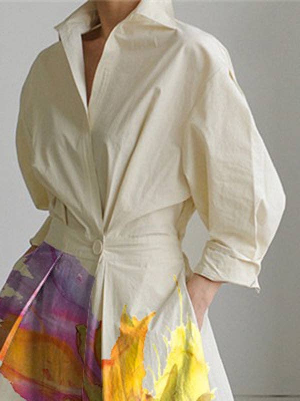 UZ Long Sleeves Loose Pleated Split-Joint Tied Waist Lapel Midi Dresses Shirt Dress: BEIGE / M